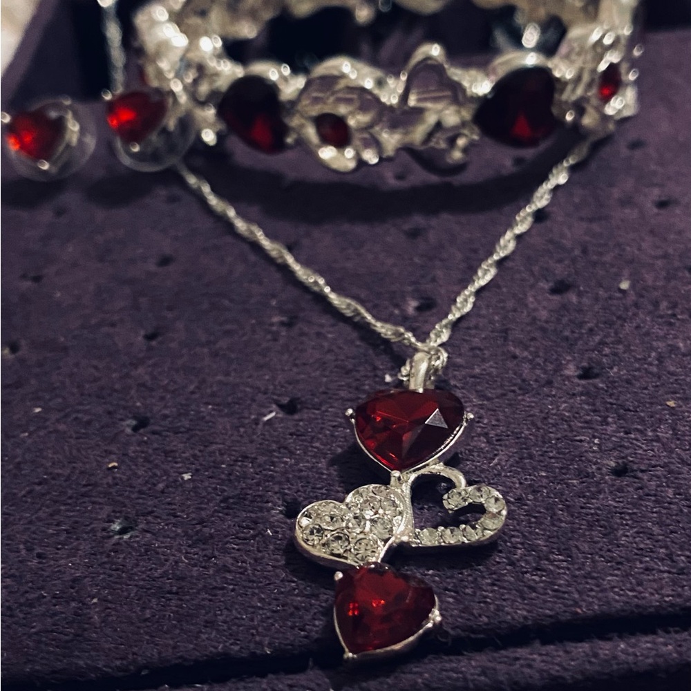 Silver and Red Heart 3-piece Jewelry set